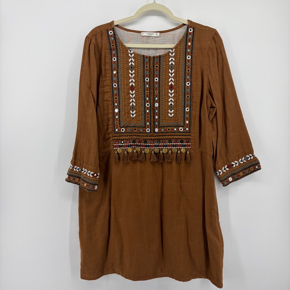 Mango Womens 8 Brown Tunic Dress Embroidered Tassels Coins‎ Boho